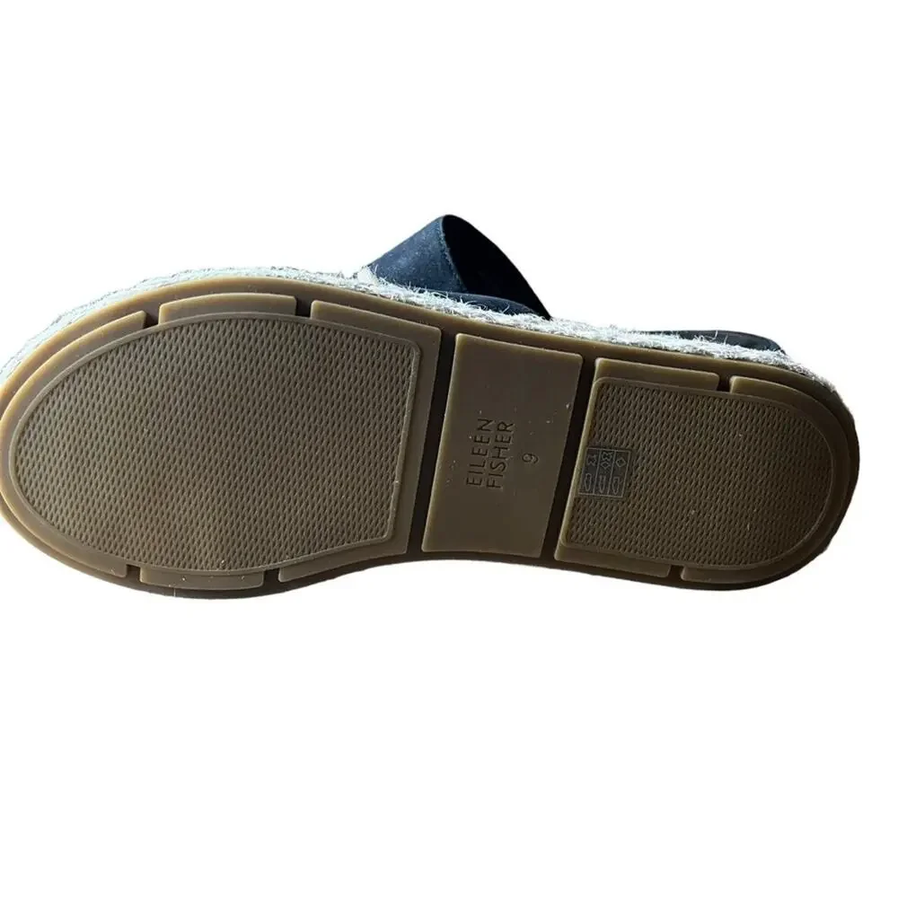 Eileen Fisher Espadrilles Size 9 Black Wedges Sandals Slides Suede Jute Coastal